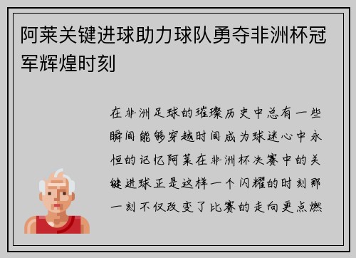阿莱关键进球助力球队勇夺非洲杯冠军辉煌时刻