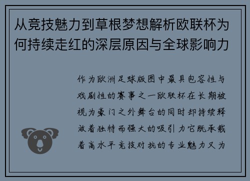 从竞技魅力到草根梦想解析欧联杯为何持续走红的深层原因与全球影响力