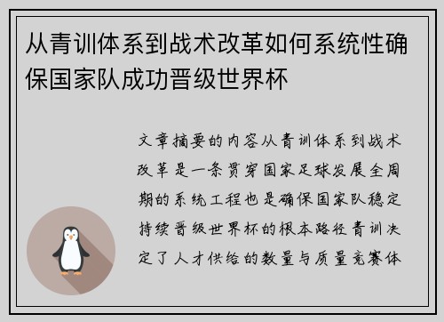从青训体系到战术改革如何系统性确保国家队成功晋级世界杯