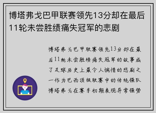 博塔弗戈巴甲联赛领先13分却在最后11轮未尝胜绩痛失冠军的悲剧