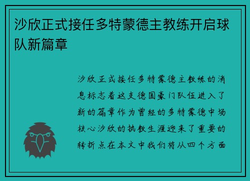 沙欣正式接任多特蒙德主教练开启球队新篇章
