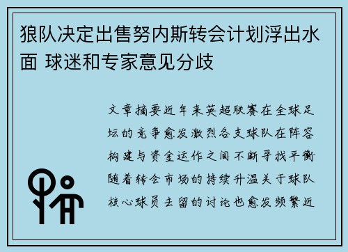 狼队决定出售努内斯转会计划浮出水面 球迷和专家意见分歧 狼队决定出售努内斯转会计划浮出水面 球迷和专家意见分歧